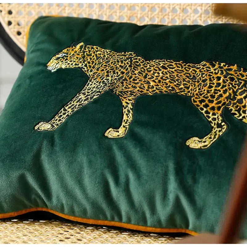 Retro green velvet embroidered leopard cushion cover living room