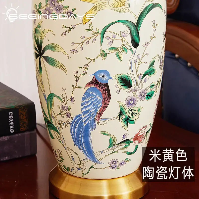 Retro hand-painted country flower bird ceramic table lamp bedroom