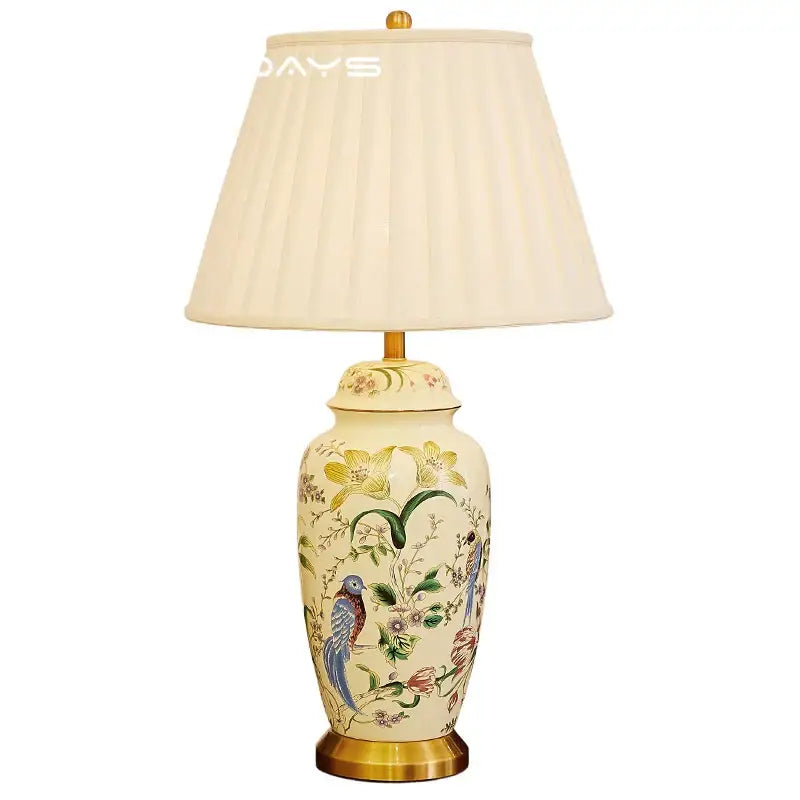 Retro hand-painted country flower bird ceramic table lamp bedroom