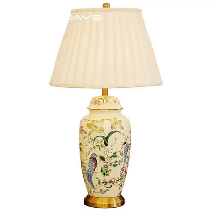 Retro hand-painted country flower bird ceramic table lamp bedroom