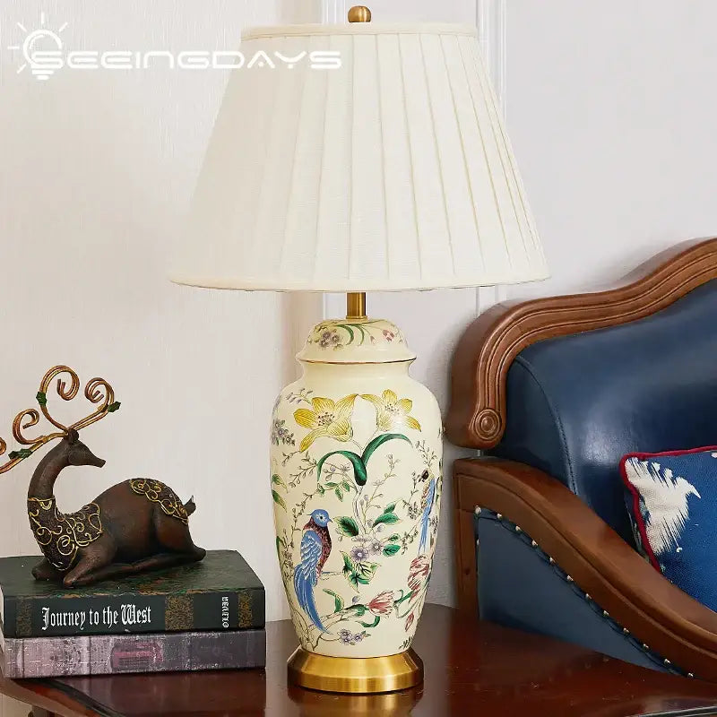 Retro hand-painted country flower bird ceramic table lamp bedroom