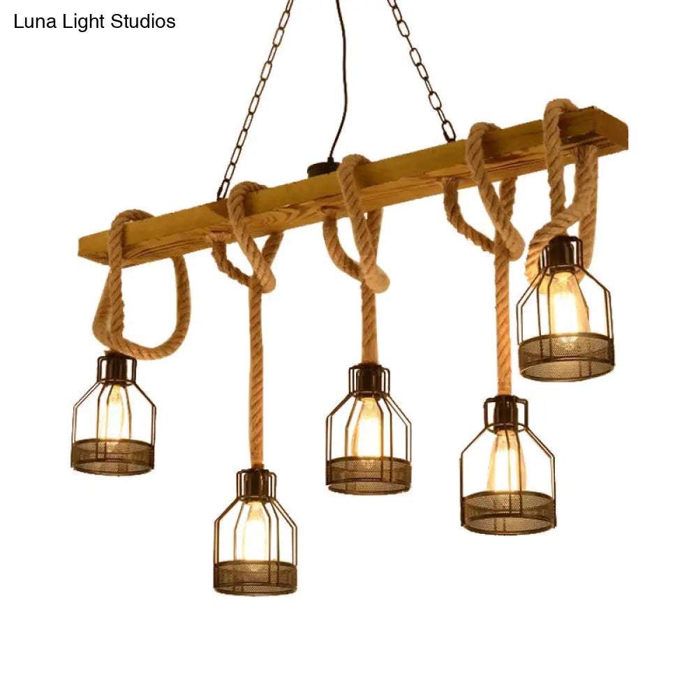 DecorBites™ Retro Industrial 5-Head Hanging Light with Adjustable Rope - Brown