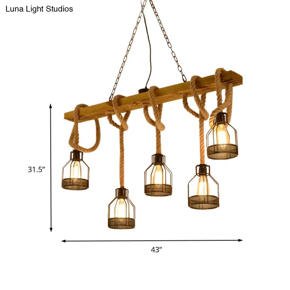 DecorBites™ Retro Industrial 5-Head Hanging Light with Adjustable Rope - Brown