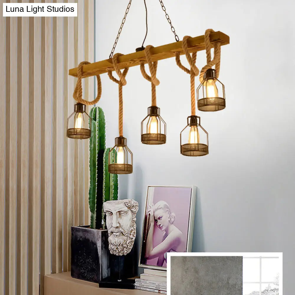DecorBites™ Retro Industrial 5-Head Hanging Light with Adjustable Rope - Brown