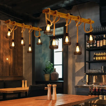 DecorBites™ Retro Industrial 5-Head Hanging Light with Adjustable Rope - Brown