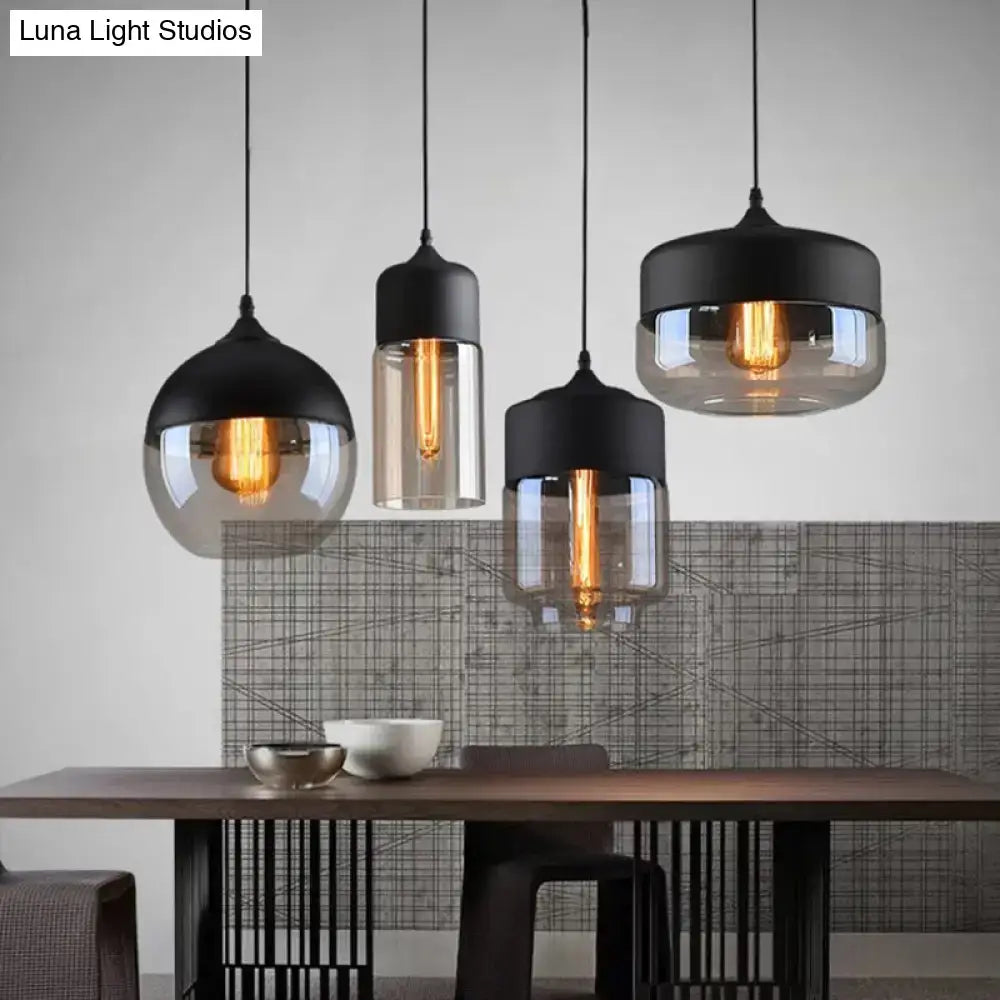 Retro industrial black & smoked glass pendant lighting dining room