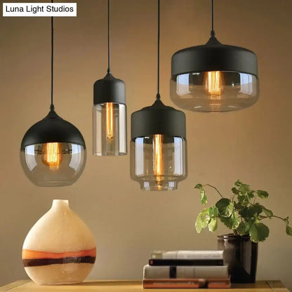 Retro industrial black & smoked glass pendant lighting dining room