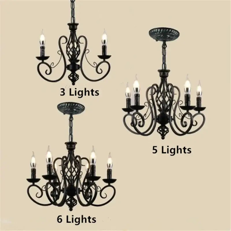 Retro industrial black wrought iron chandelier for living room