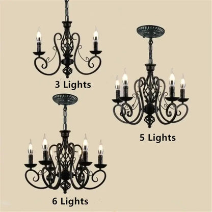 Retro industrial black wrought iron chandelier for living room