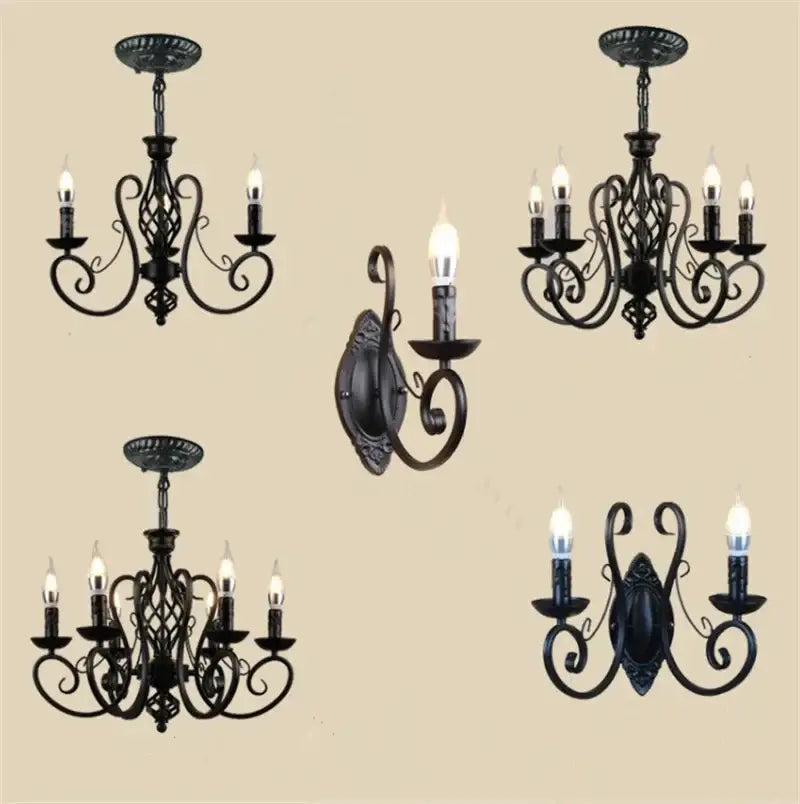 Retro industrial black wrought iron chandelier for living room