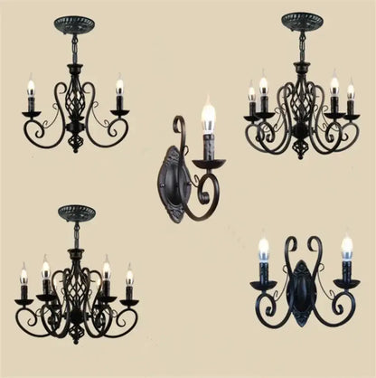 Retro industrial black wrought iron chandelier for living room