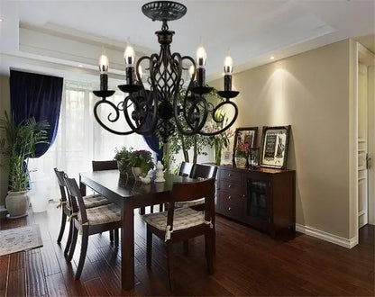 Retro industrial black wrought iron chandelier for living room