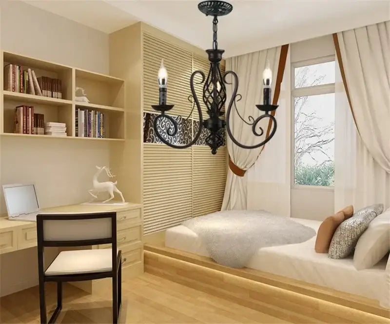 Retro industrial black wrought iron chandelier for living room