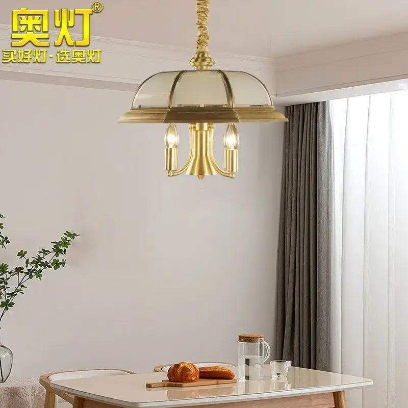 Retro iron bronze pendant light living room glass dome chandelier