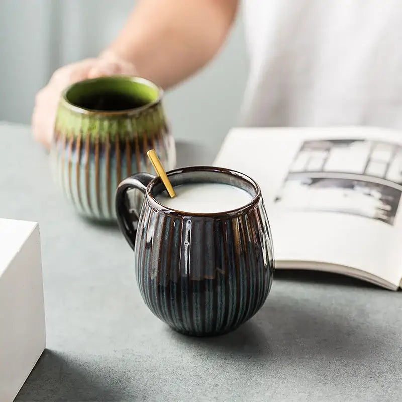 Retro japanese gradient glaze ceramic coffee mug kitchen ribbed cup