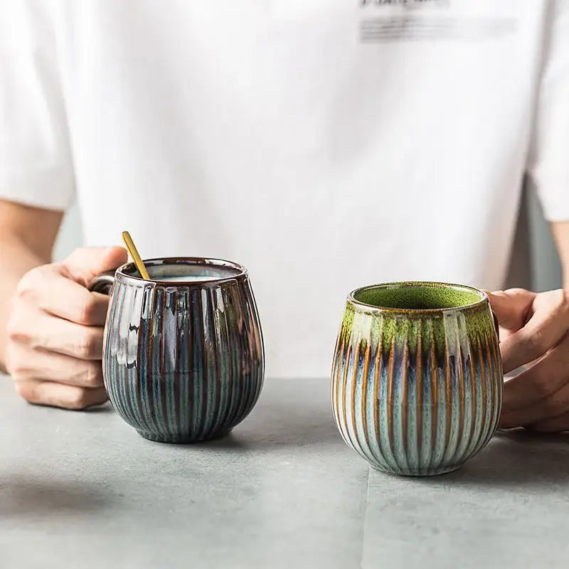 Retro japanese gradient glaze ceramic coffee mug kitchen ribbed cup