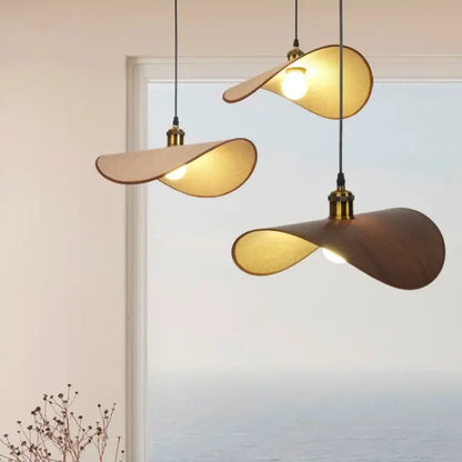 Retro leaf wooden hat pendant light natural & dark wood dining room