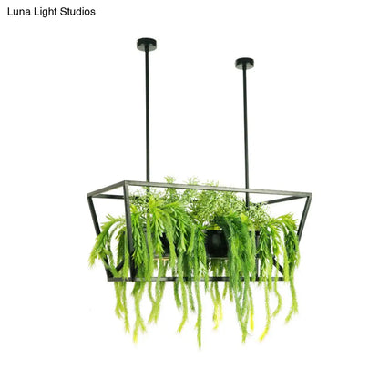 DecorBites™ Retro Metal 2-Headed Black LED Drop Lamp for Restaurant Island Ceiling - Trapezoid Design with Plant Decor