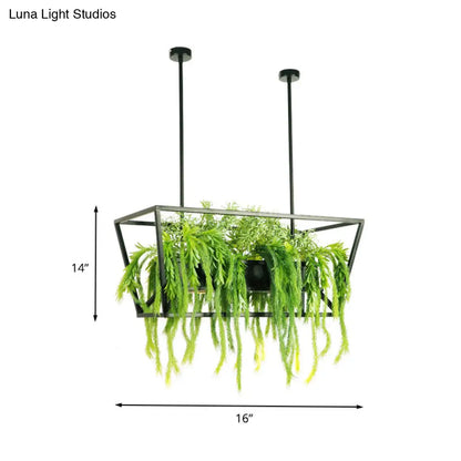 DecorBites™ Retro Metal 2-Headed Black LED Drop Lamp for Restaurant Island Ceiling - Trapezoid Design with Plant Decor