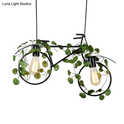 DecorBites™ Retro Metal Bicycle Restaurant Ceiling Light with 2 Black Drop Lamp Heads and Plant Decor