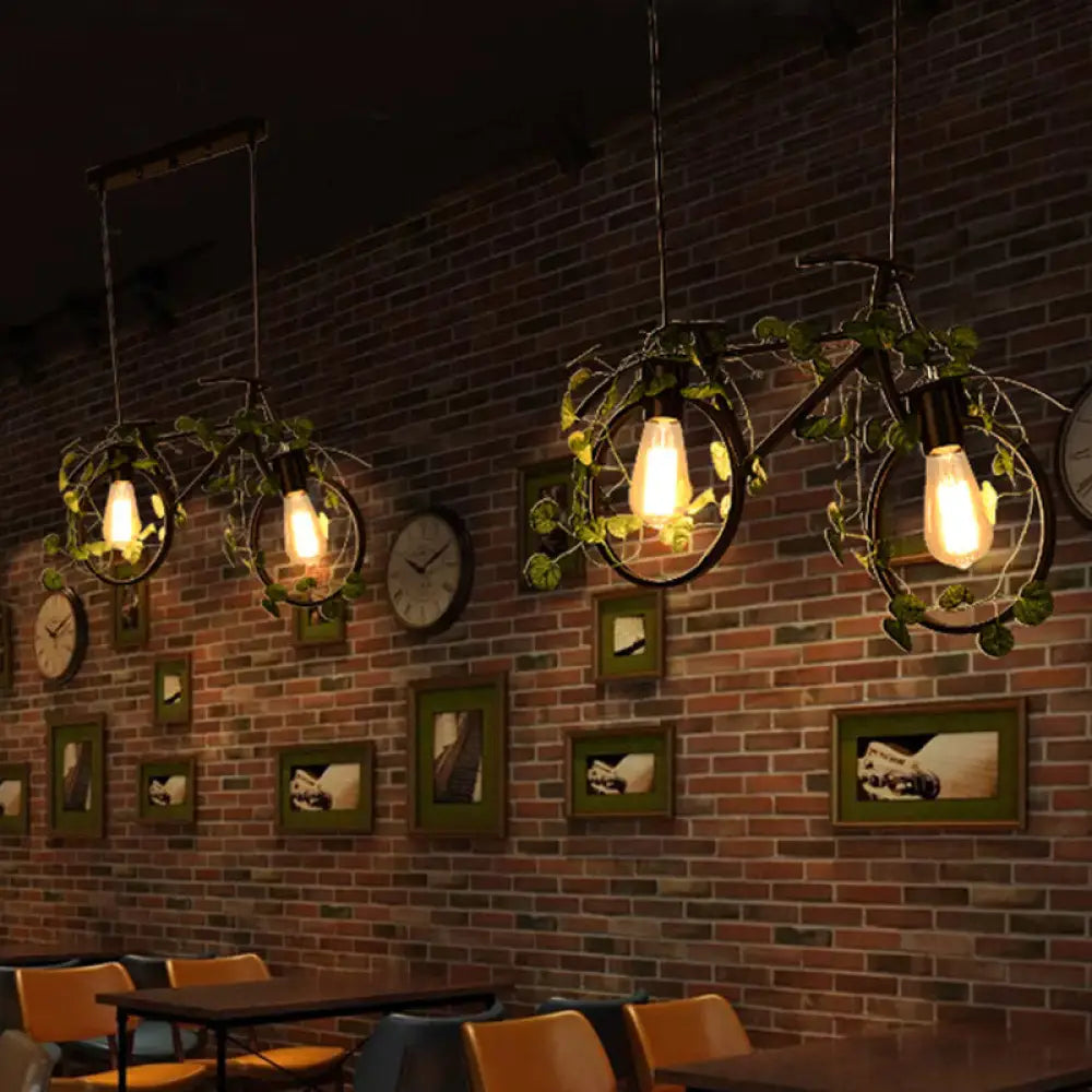 DecorBites™ Retro Metal Bicycle Restaurant Ceiling Light with 2 Black Drop Lamp Heads and Plant Decor