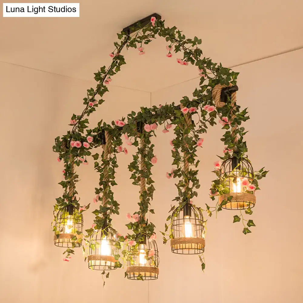 Retro metal ivy and rope pendant light kitchen island fixture