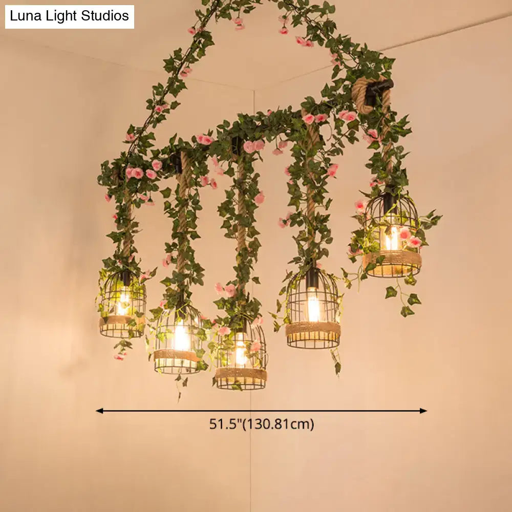 Retro metal ivy and rope pendant light kitchen island fixture