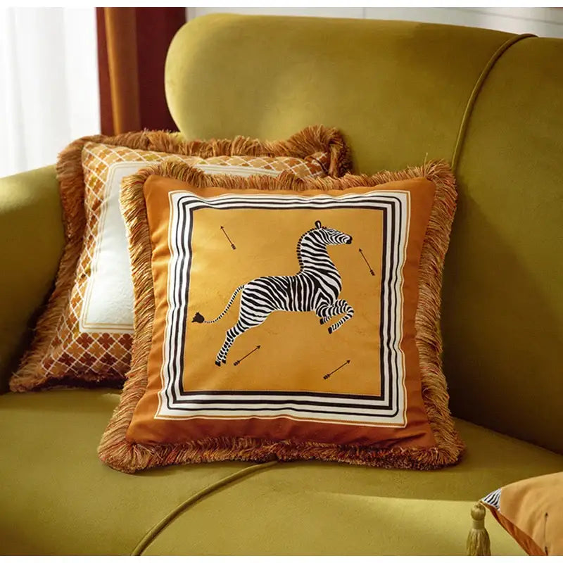 Retro mustard & zebra print cushion cover living room fringed decor
