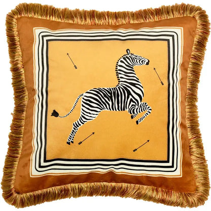 Retro mustard & zebra print cushion cover living room fringed decor