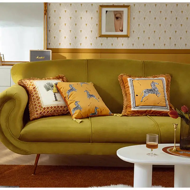 Retro mustard & zebra print cushion cover living room fringed decor