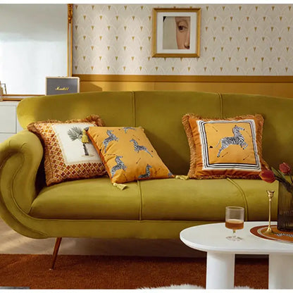 Retro mustard & zebra print cushion cover living room fringed decor