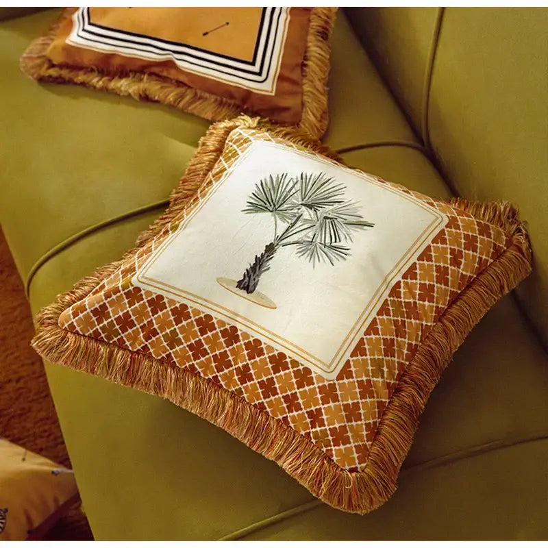 Retro mustard & zebra print cushion cover living room fringed decor