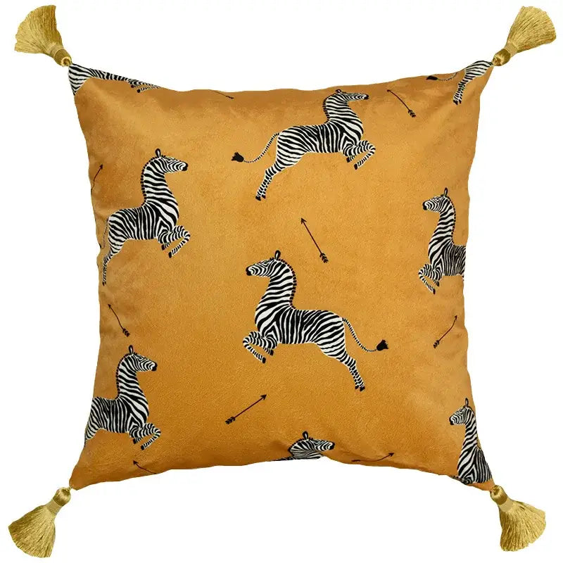 Retro mustard & zebra print cushion cover living room fringed decor