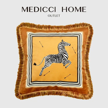 Retro mustard & zebra print cushion cover living room fringed decor