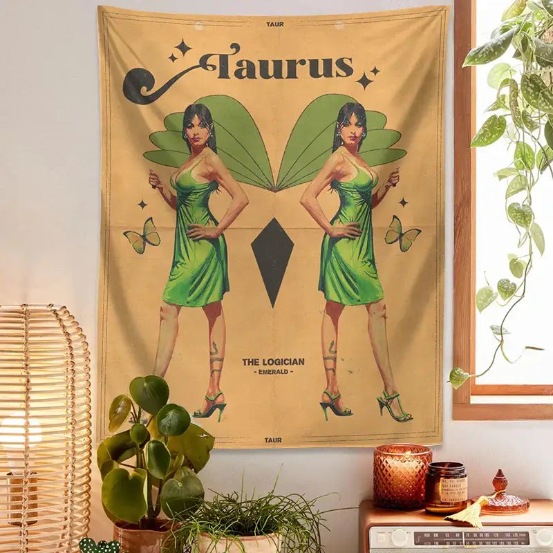 Retro mustard zodiac constellation tarot tapestry bedroom wall art