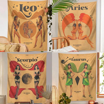 Retro mustard zodiac constellation tarot tapestry bedroom wall art