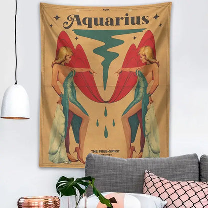 Retro mustard zodiac constellation tarot tapestry bedroom wall art
