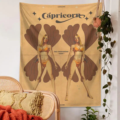Retro mustard zodiac constellation tarot tapestry bedroom wall art