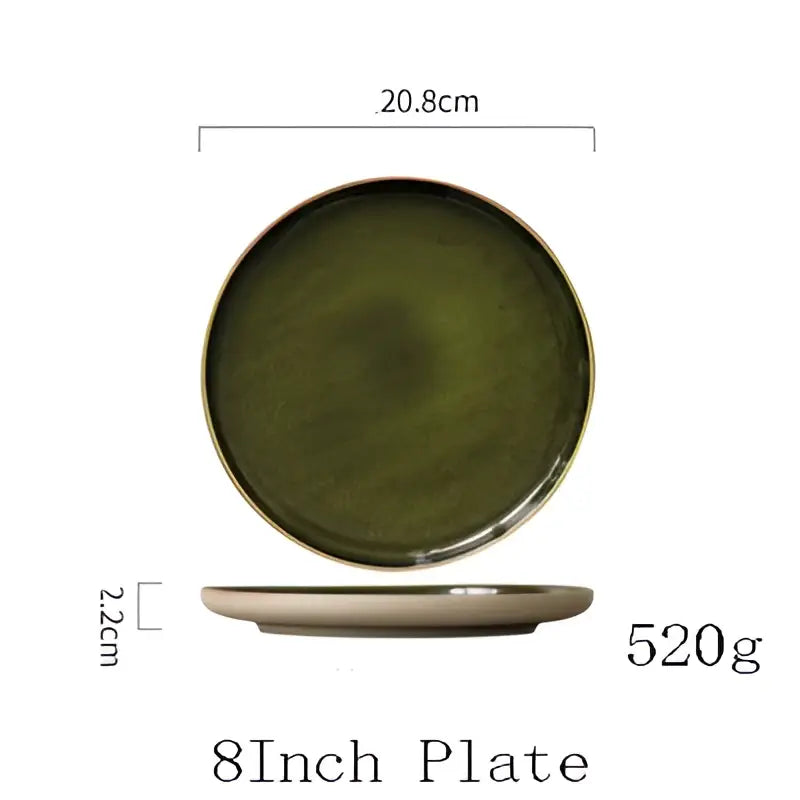 Retro olive green ceramic dinner plate set dining room with gold rim