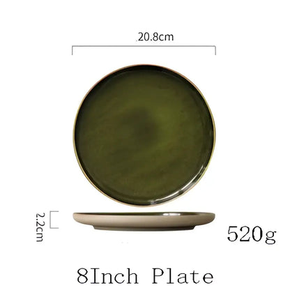 Retro olive green ceramic dinner plate set dining room with gold rim