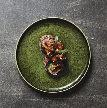 Retro olive green ceramic dinner plate set dining room with gold rim