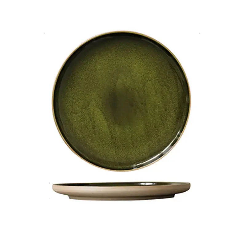 Retro olive green ceramic dinner plate set dining room with gold rim