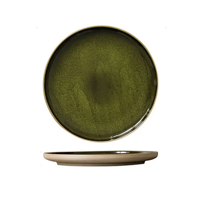 Retro olive green ceramic dinner plate set dining room with gold rim