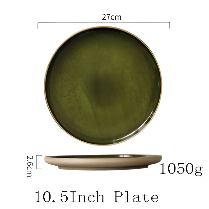 Retro olive green ceramic dinner plate set dining room with gold rim