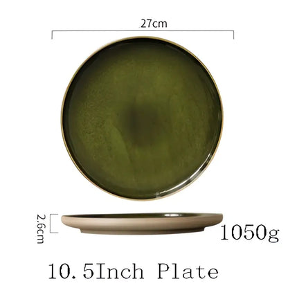 Retro olive green ceramic dinner plate set dining room with gold rim