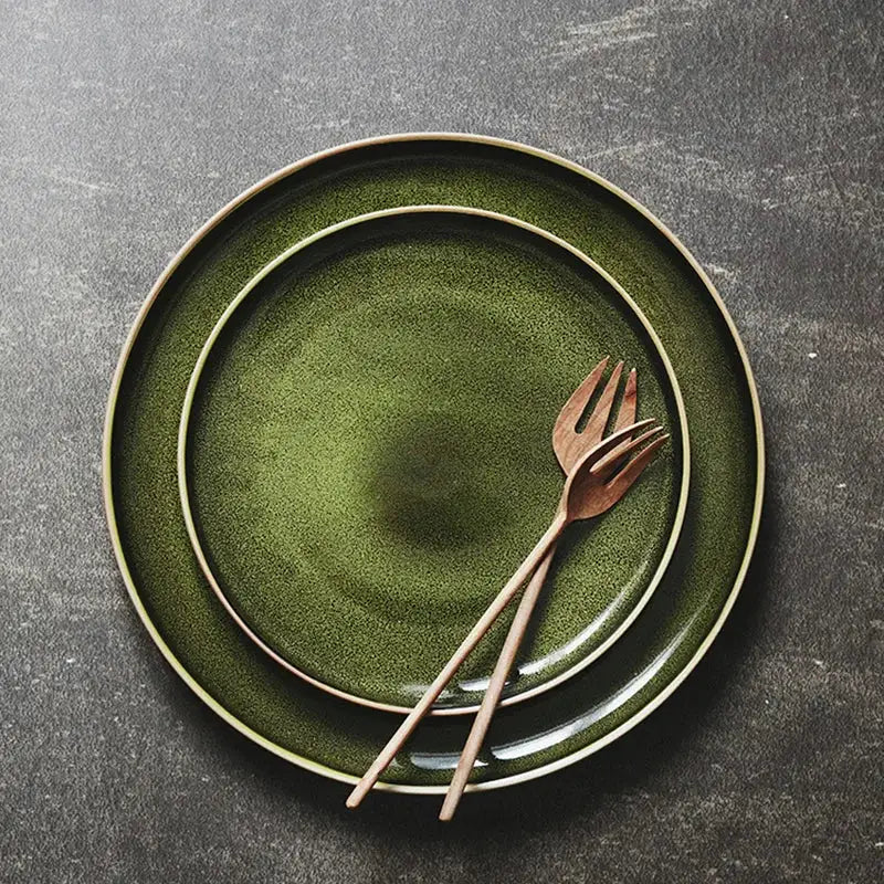 Retro olive green ceramic dinner plate set dining room with gold rim