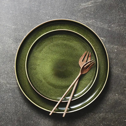 Retro olive green ceramic dinner plate set dining room with gold rim