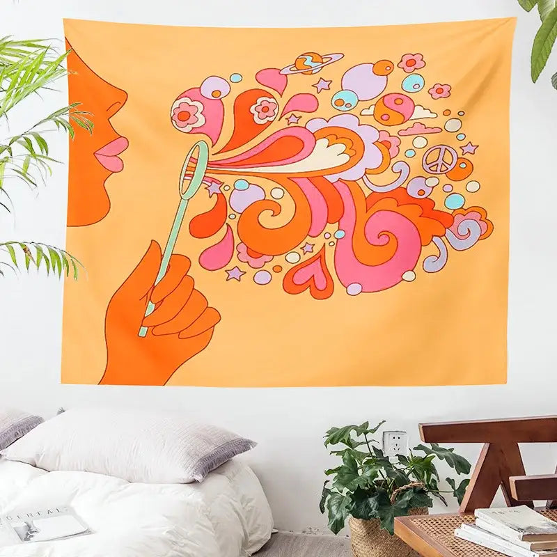Retro orange colorful bubbles tapestry bedroom psychedelic wall art
