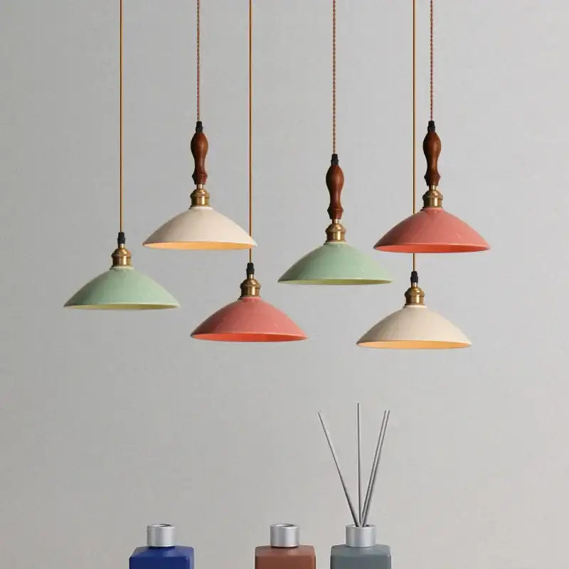 Retro pastel ceramic and brass chandelier light – dining room pendant
