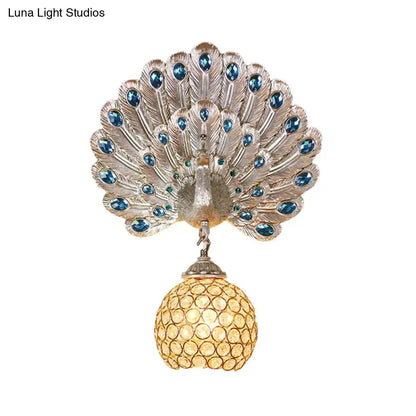 Retro peacock silver & white wall lamp living room clear crystal